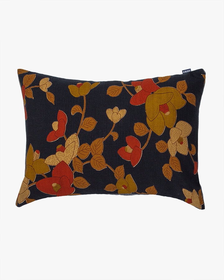 Kiriko Original Pillow, Indigo with Orange and Red Flowers