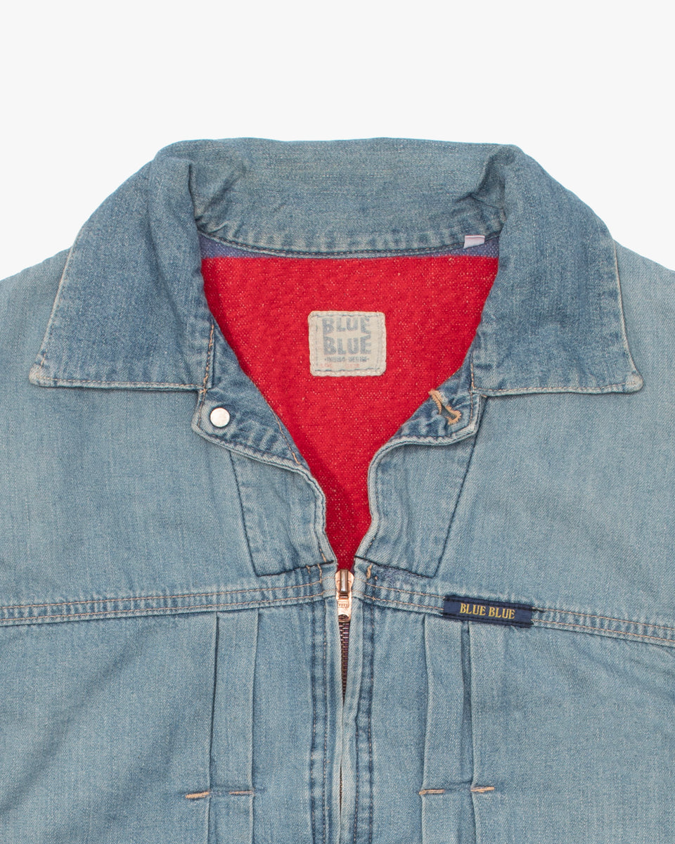 Japanese Repro Denim Jacket, L, Blue Blue, Zippered with Red