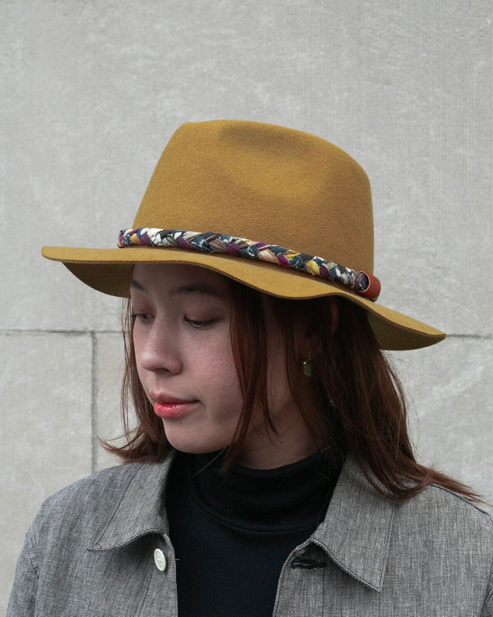 Kiriko Custom Wool Felt Hat, Mustard Yellow with Indigo, Purple and Yellow Plaid