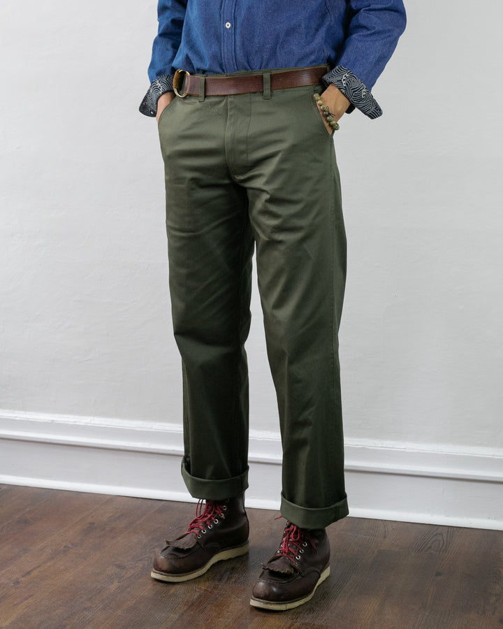 Kiriko Original Officer Trousers, 7.5 oz. Stretch Twill Chino - Olive