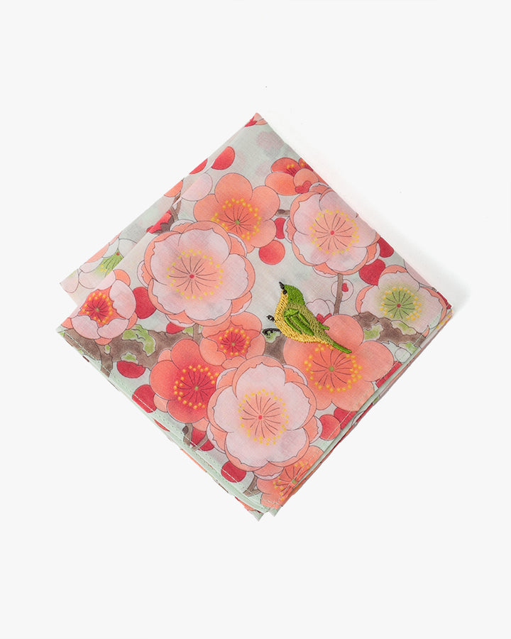 Japanese Handkerchief, Classic, Mint Plum Blossoms with Bird Embroidery