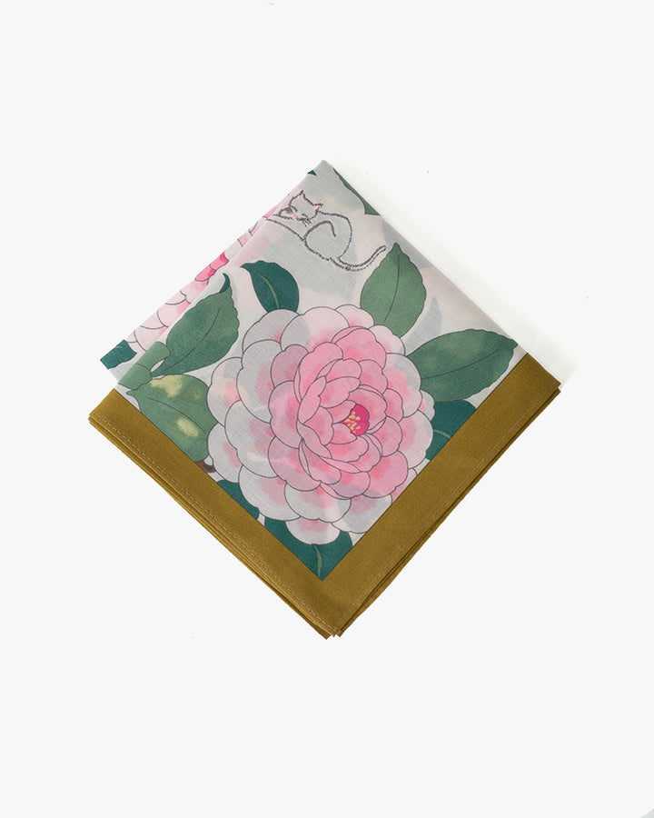Japanese Handkerchief, Classic, Ivory Peony with Cat Embroidery