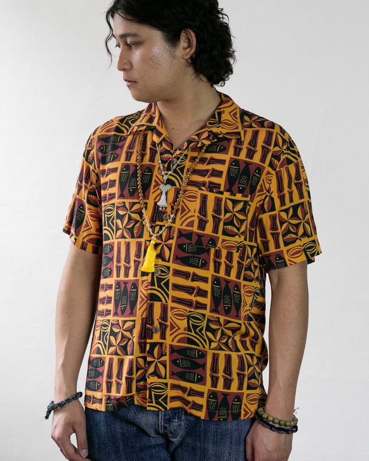 Japanese Repro Shirt, Short Sleeve, Houston Brand, Orange with Pattern - M