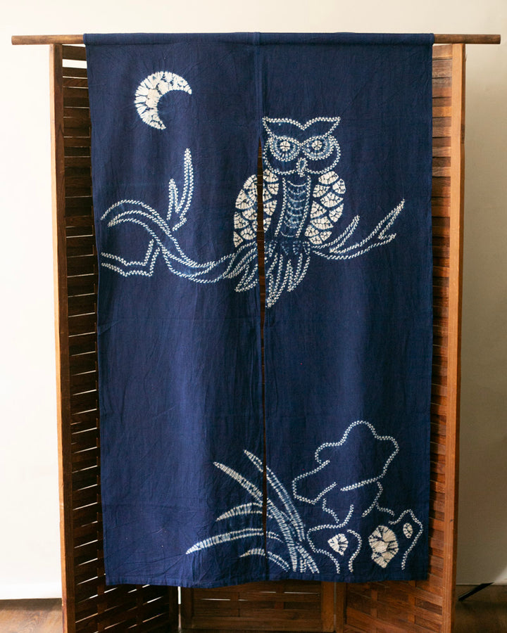 Vintage Noren, Indigo Shibori, Owl and Moon