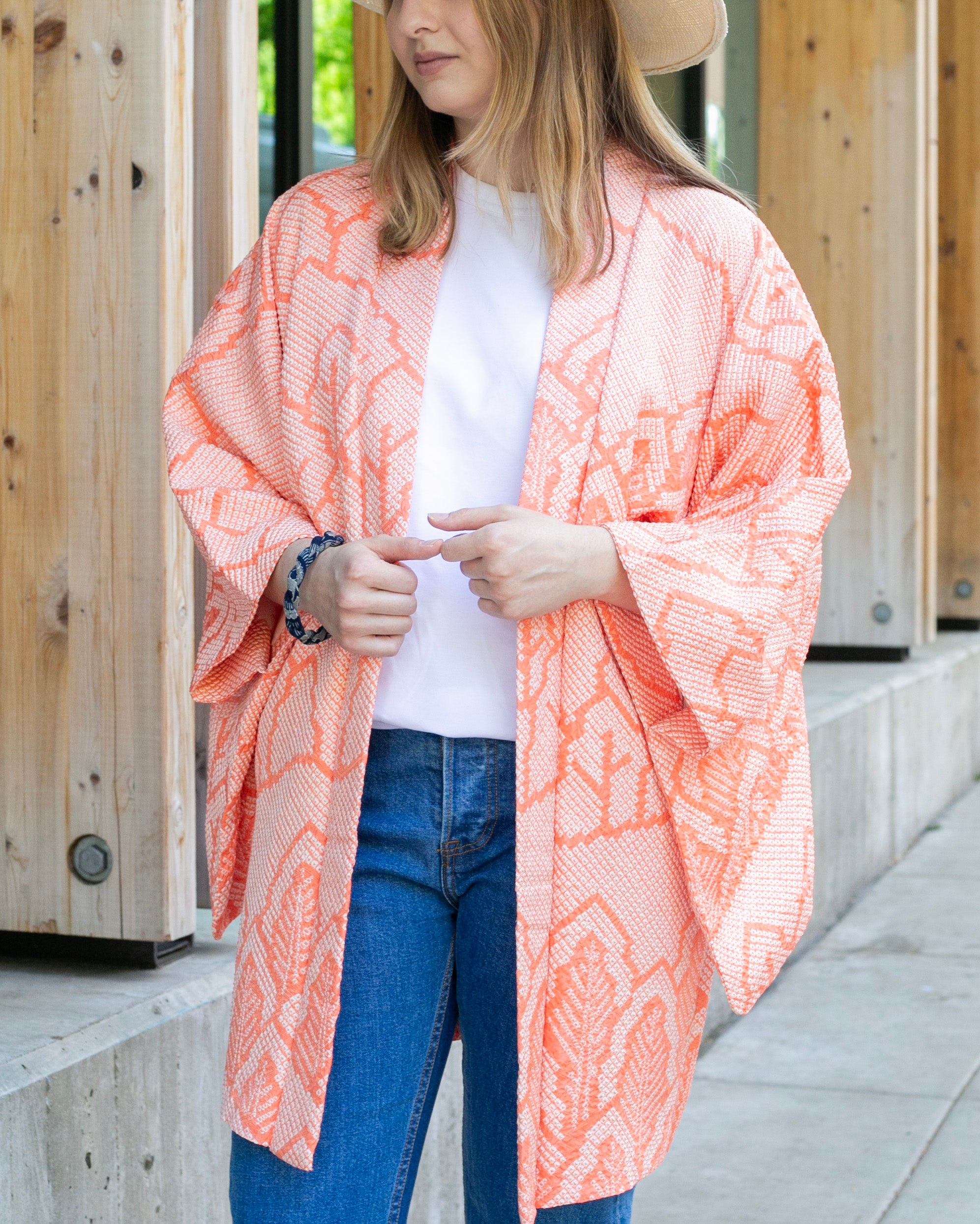 Vintage Haori Jacket, Full Shibori, Peach Tree Landscape – Kiriko Made