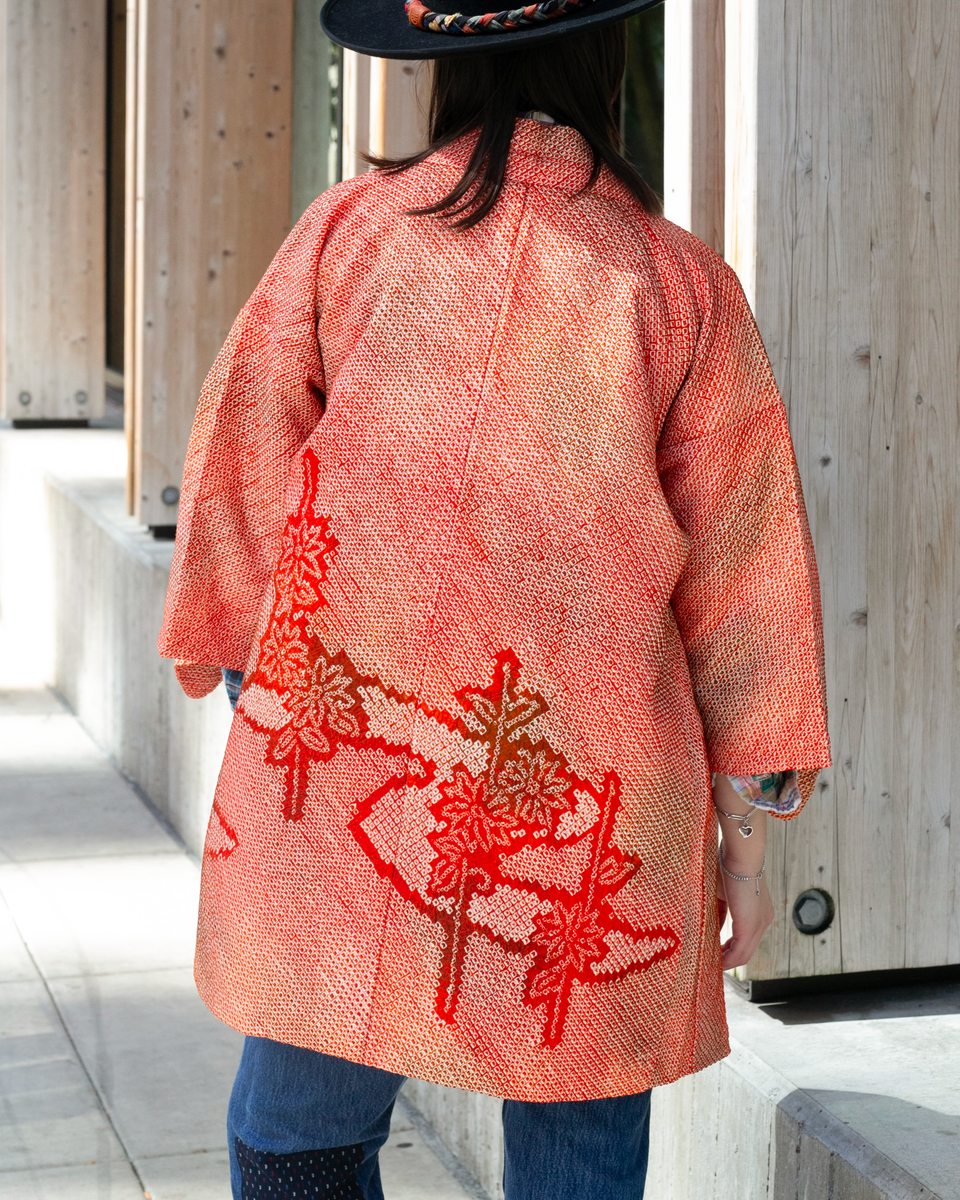 Vintage Haori Jacket, Full Shibori, Orange with Pattern – Kiriko Made