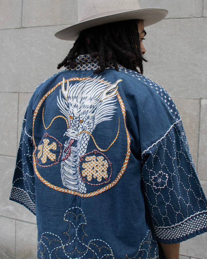 Vintage Happi Jacket, Washed Indigo Fully Hand-Stitched Sashiko, Dragon Suijin