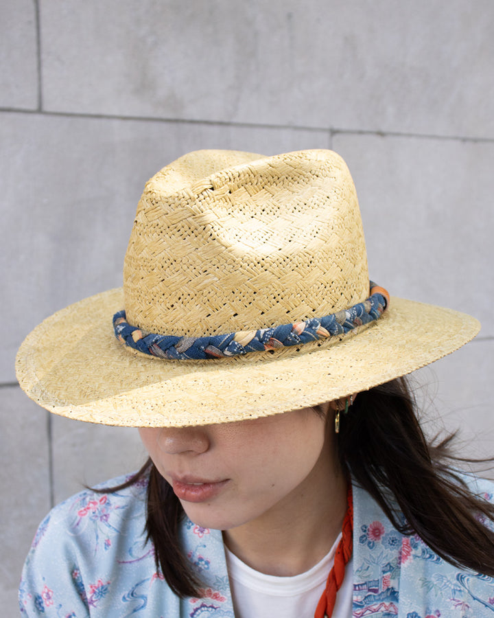 Kiriko Custom Panama Hat, Raffia Straw, Braided Indigo Katazome and Plaid