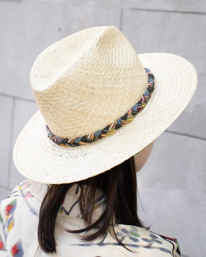 Kiriko Custom Panama Hat, Light Cream Palm Straw, Braided Indigo, Shades of Red and Yellow Plaid