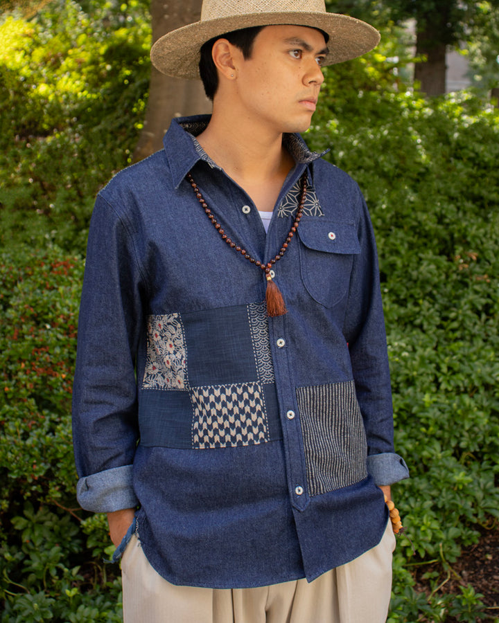 Kiriko Original Shirt, Long Sleeve Button-Up, Denim Workshirt, Patched Small Multi