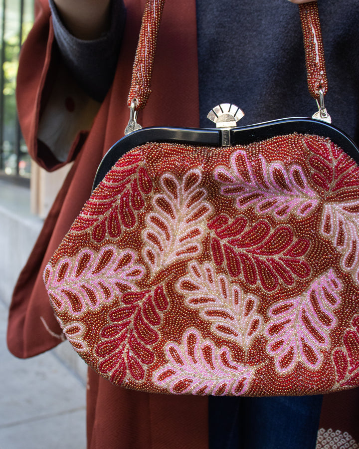 Vintage Bag, Purse, Beaded, Red and Coral Foliage