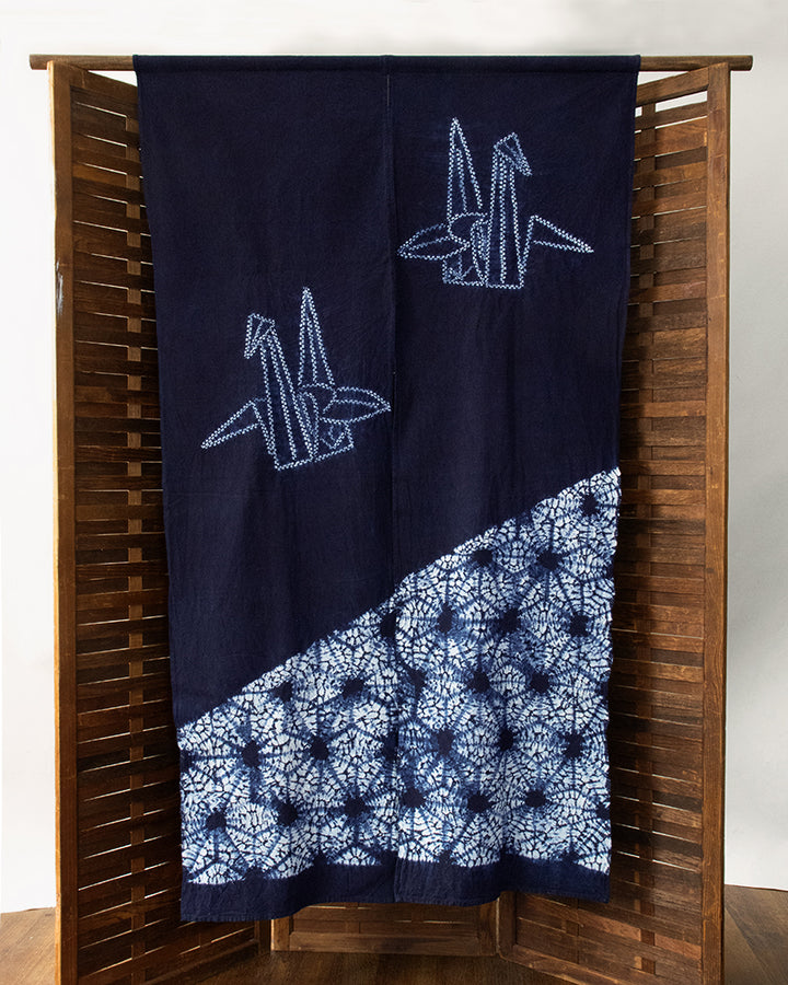 Vintage Noren, Indigo Partial Shibori, Origami Cranes