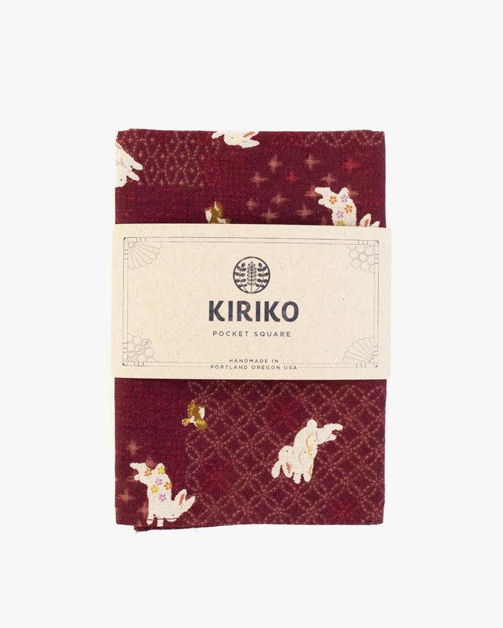 Kiriko Original Pocket Square, Burgundy with White Rabbits