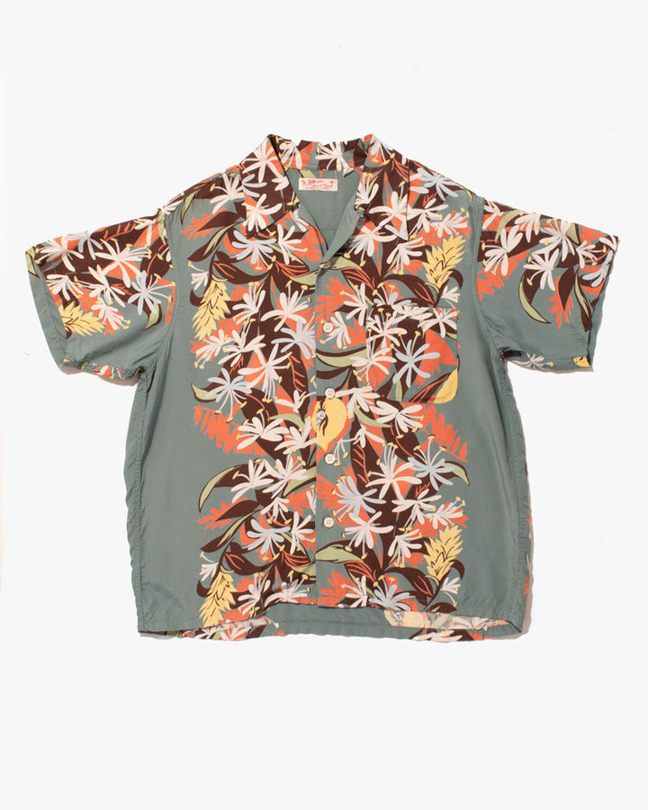 Japanese Repro Shirt, Aloha Short Sleeve, Sun Surf Brand, Green with Flowers - S