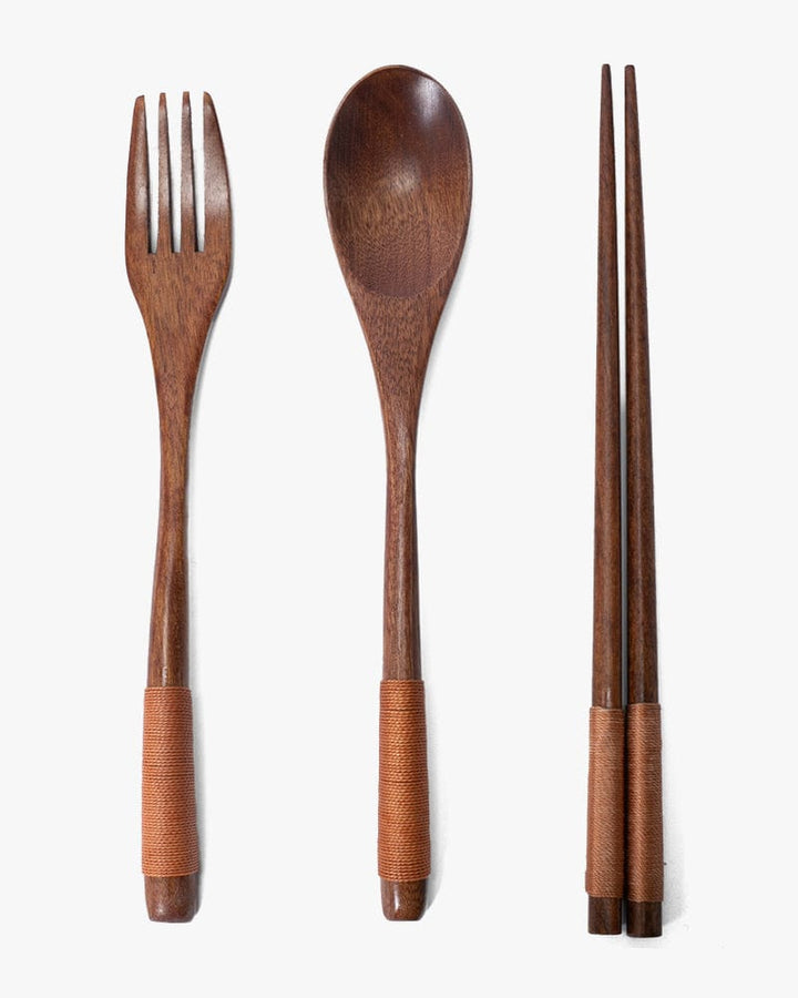 Wooden Utensils, Chopsticks, Spoon, and Fork Set of 3 With Rose Accents