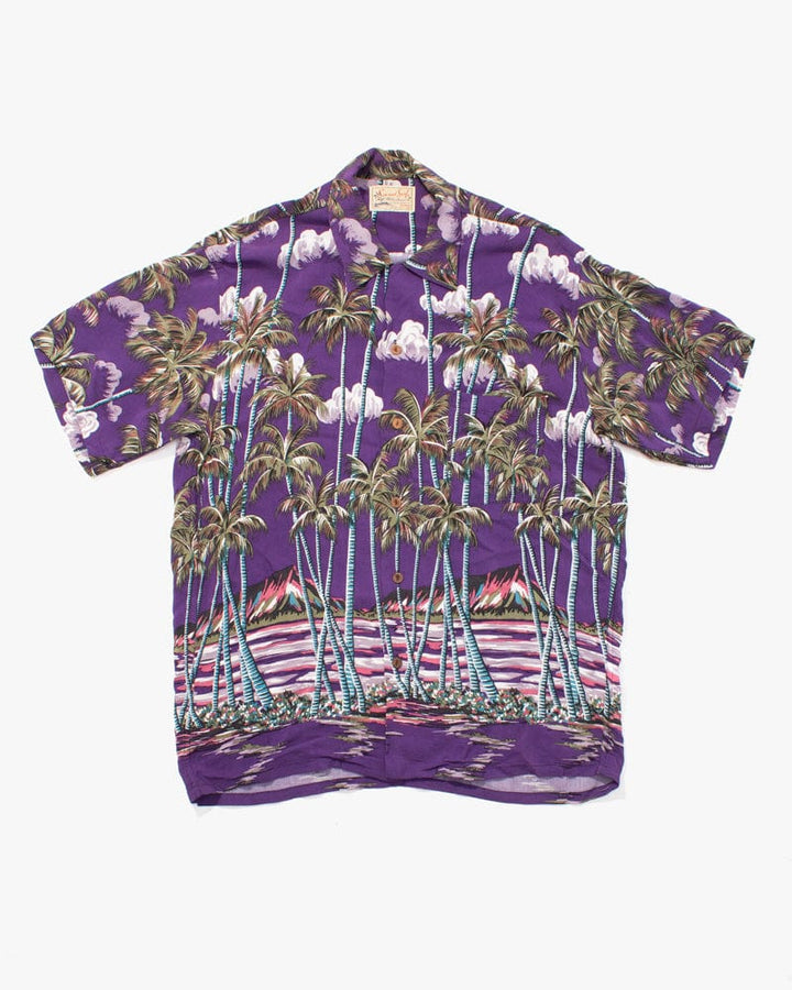 Japanese Repro Shirt, Aloha Short Sleeve, Sun Surf X Sugar Cane Brand, Purple Sunset with Palm Trees - L