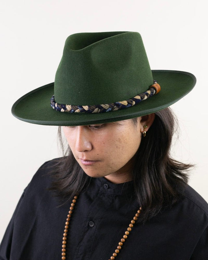 Kiriko Custom Wool Felt Hat, Green with Braided Indigo Kasuri, Beige and Shima