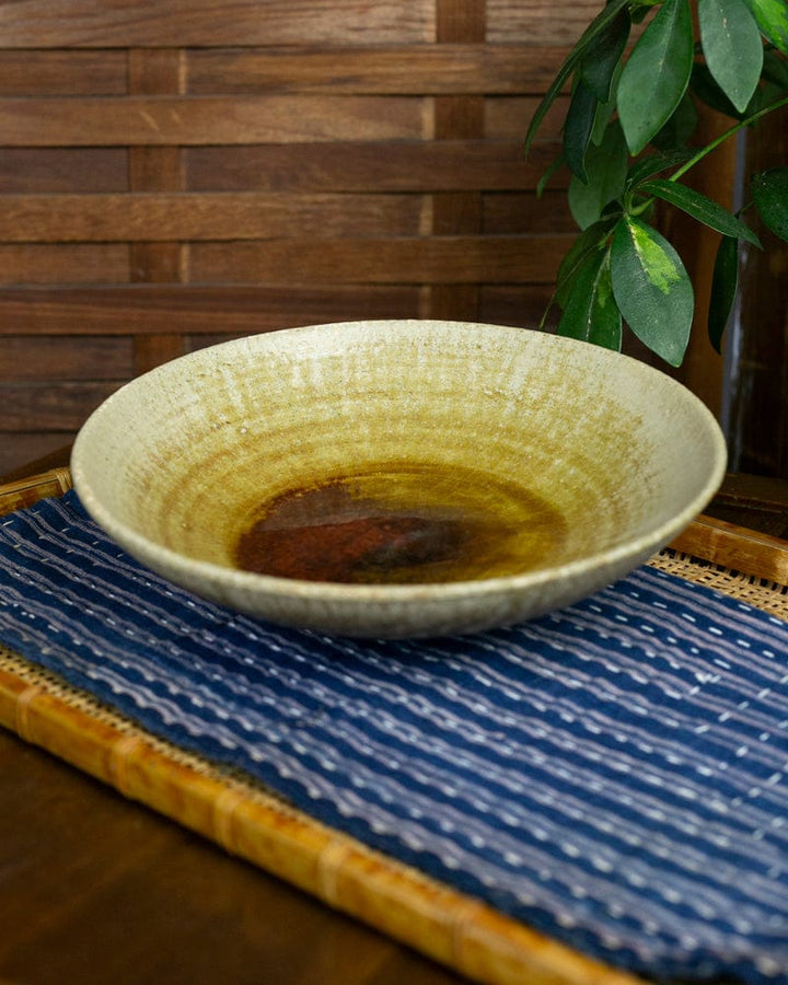 Mashiko-Yaki Plate Bowl, Golden, Amber, and Cream Abstract