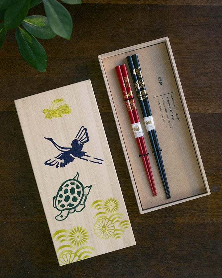 Chopsticks Pair Set with Wooden Box, Tsurukame
