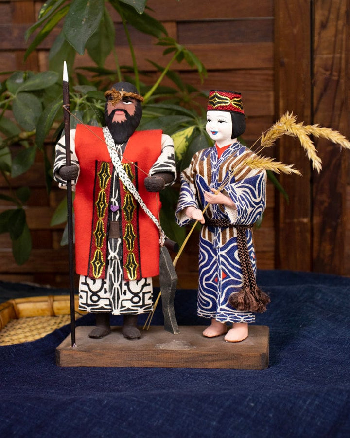 Ainu Dolls, Man Holding Fish and Woman with Grain, 8" tall