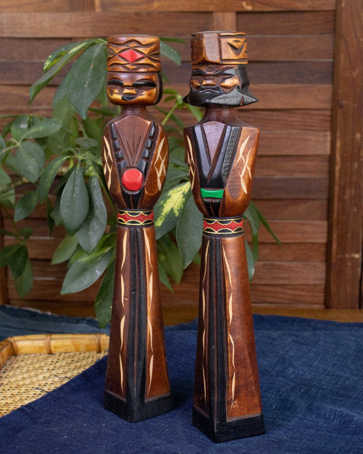 Ainu Doll Set, Man and Woman Painted Carving, 12" tall