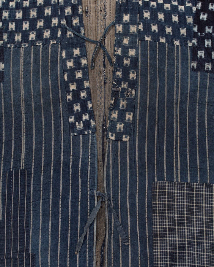 Vintage Noragi Jacket, Boro, Hand Sashiko Stitched, Patched, Shima and Kasuri Dots with Hikeshi Sleeves
