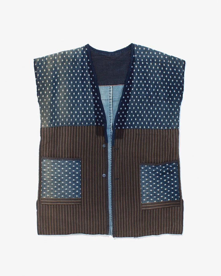 Vintage Noragi Vest, Reversible Boro, Buttoned Chest, Washed Indigo and White Kasuri Dots, Brown Shima