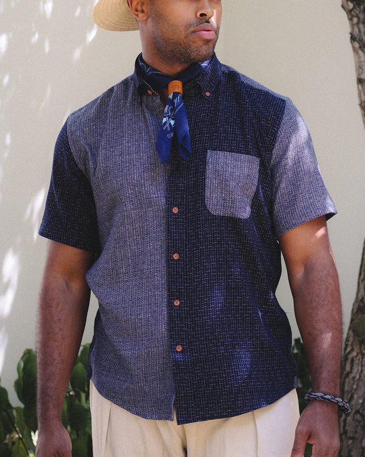 ToK Shirt, Short Sleeve Button-Up, Nashiji and Chijimi Indigo Color Block Grid