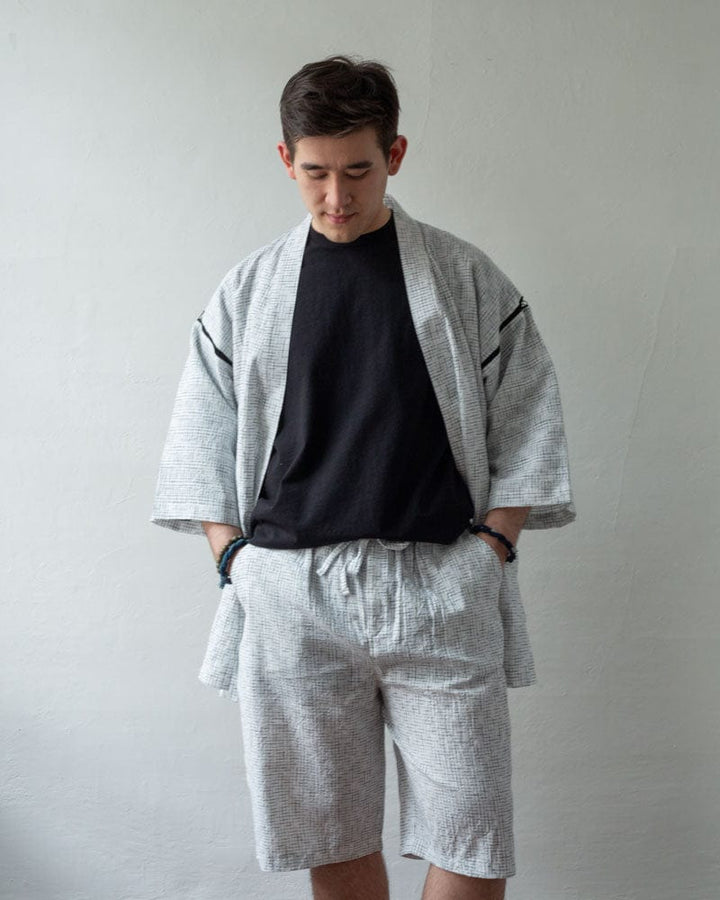 ToK Jinbei Set, Chijimi Weave, White with Faded Black Grid