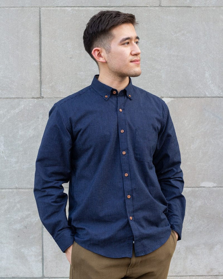 ToK Shirt, Long Sleeve Button-Up, Indigo with Thin Light Blue Shima