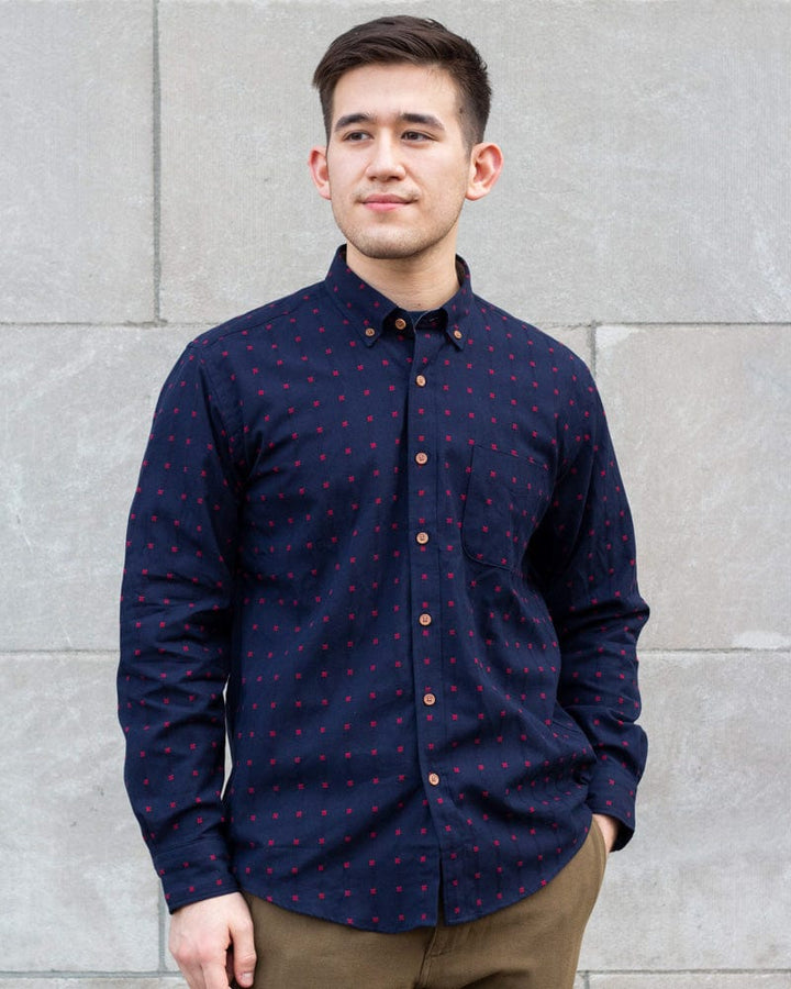 ToK Shirt, Long Sleeve Button-Up, Indigo with Red 'X' Stitching