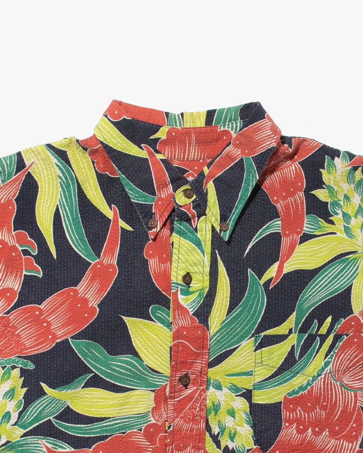 Japanese Repro Shirt, Seersucker Aloha Short Sleeve, Sun Surf Brand, Bright Flower - L