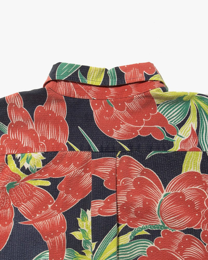 Japanese Repro Shirt, Seersucker Aloha Short Sleeve, Sun Surf Brand, Bright Flower - L