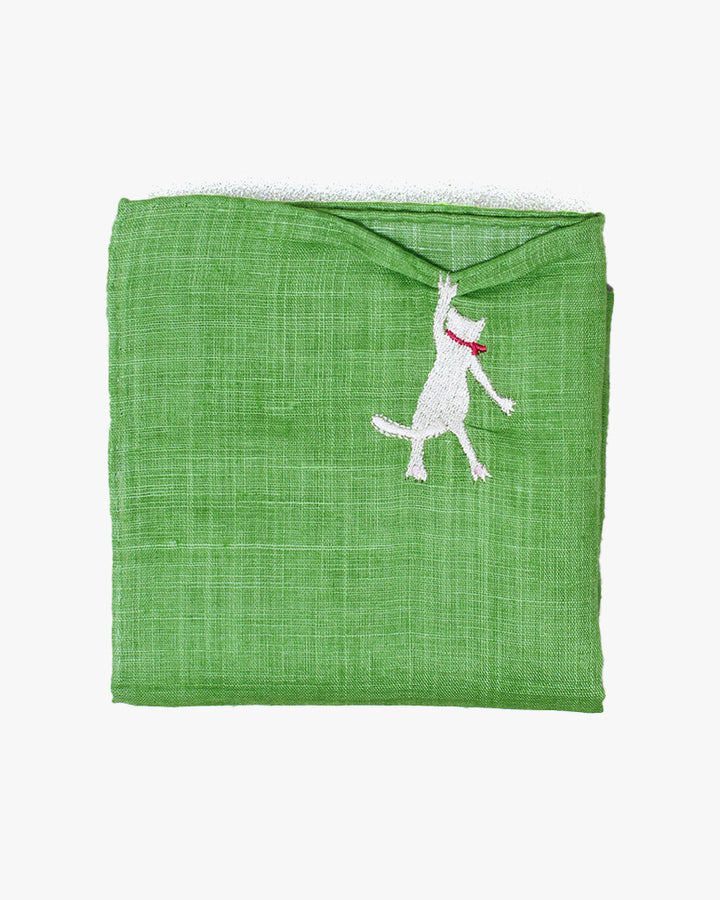 Japanese Handkerchief, Hikkomi, Green with White Cat