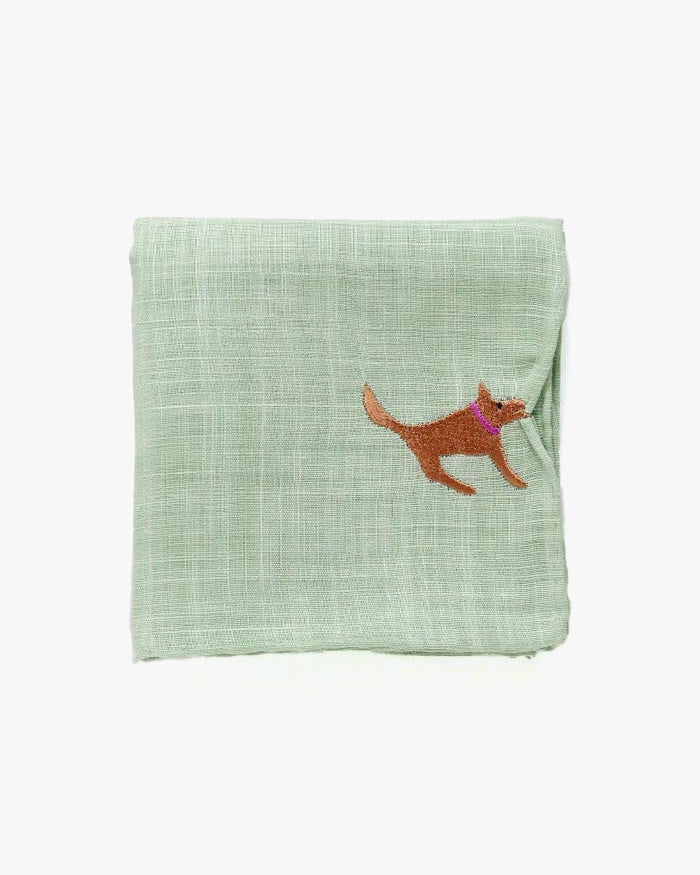 Japanese Handkerchief, Hikkomi, Green with Brown Dog