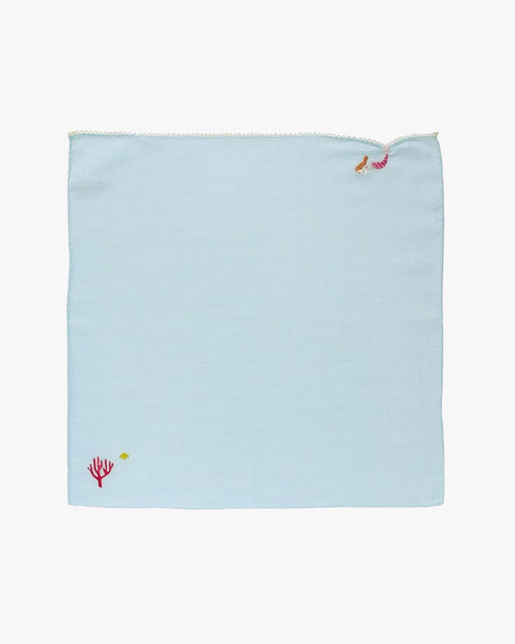 Japanese Handkerchief, Hikkomi Scalloped, Light Blue Mermaid