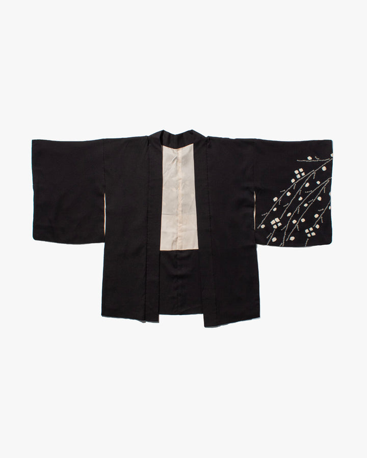Vintage Haori Jacket, Partial Shibori, Black with White Shidare Sakura