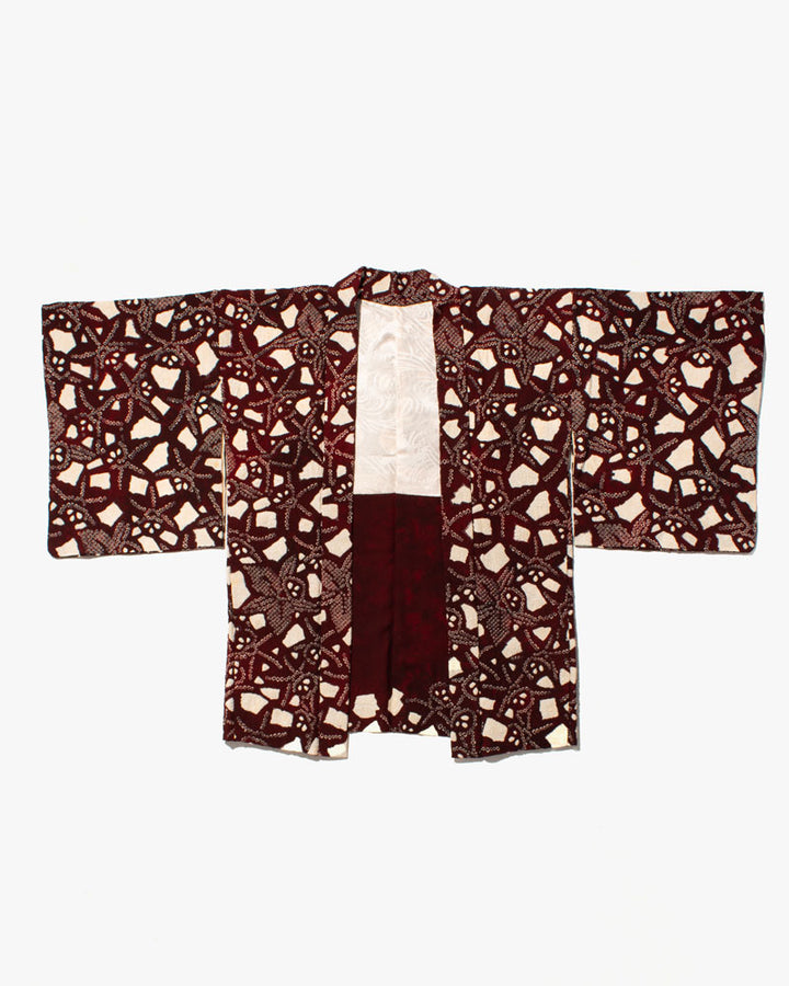 Vintage Haori Jacket, Full Shibori, Maroon with Cream Abstract Shapes