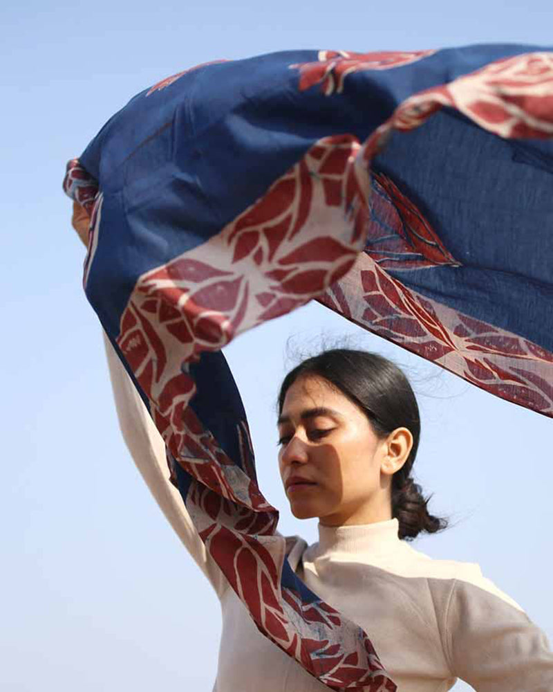Ichcha, Blue Block Print Scarf, Scarlet &
