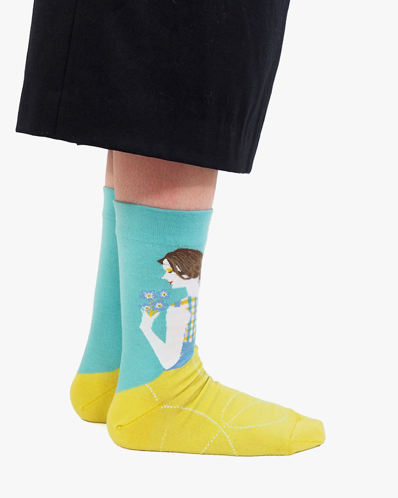 Debby Co., Crew Socks, Andé Collection, Blue and Lime with Girl Holding Flowers