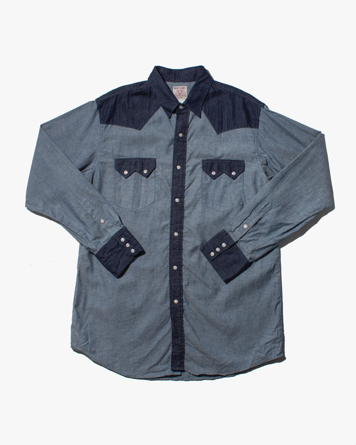 Japanese Repro Shirt, Sugar Cane Brand, Long Sleeve Denim and Chambray Sawtooth Western Button-up - L