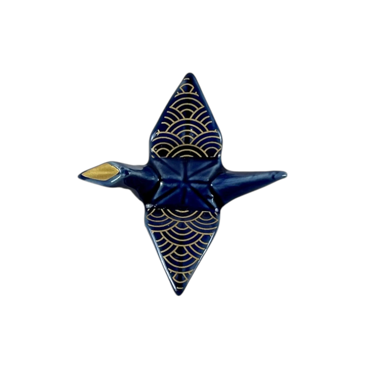 Urban Tokyo, Origami Crane Porcelain Chopsticks Rest 2"L Seigaiha Navy