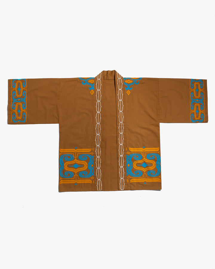 Vintage Ainu Jacket, Short, Light Brown with Teal and Orange Patterns