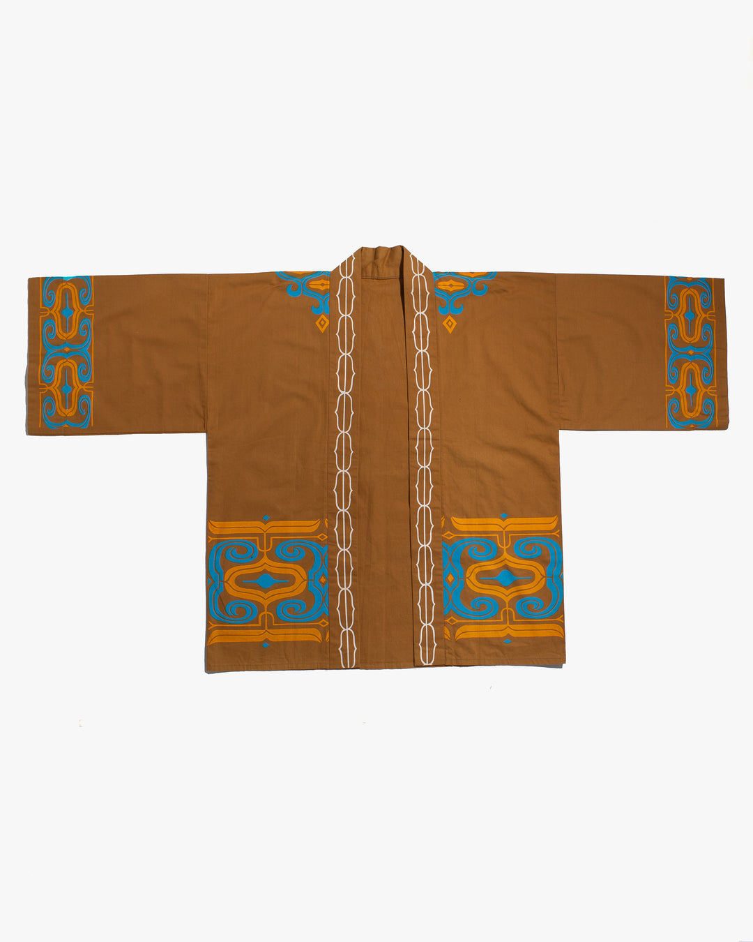 Vintage Ainu Jacket, Short, Light Brown with Teal and Orange Patterns