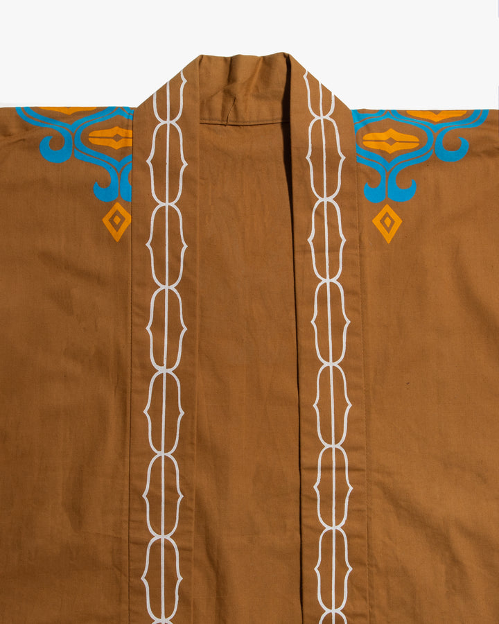 Vintage Ainu Jacket, Short, Light Brown with Teal and Orange Patterns