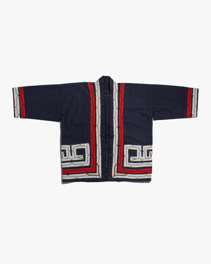 Vintage Ainu Jacket, Short, Indigo with Red and White Patterns