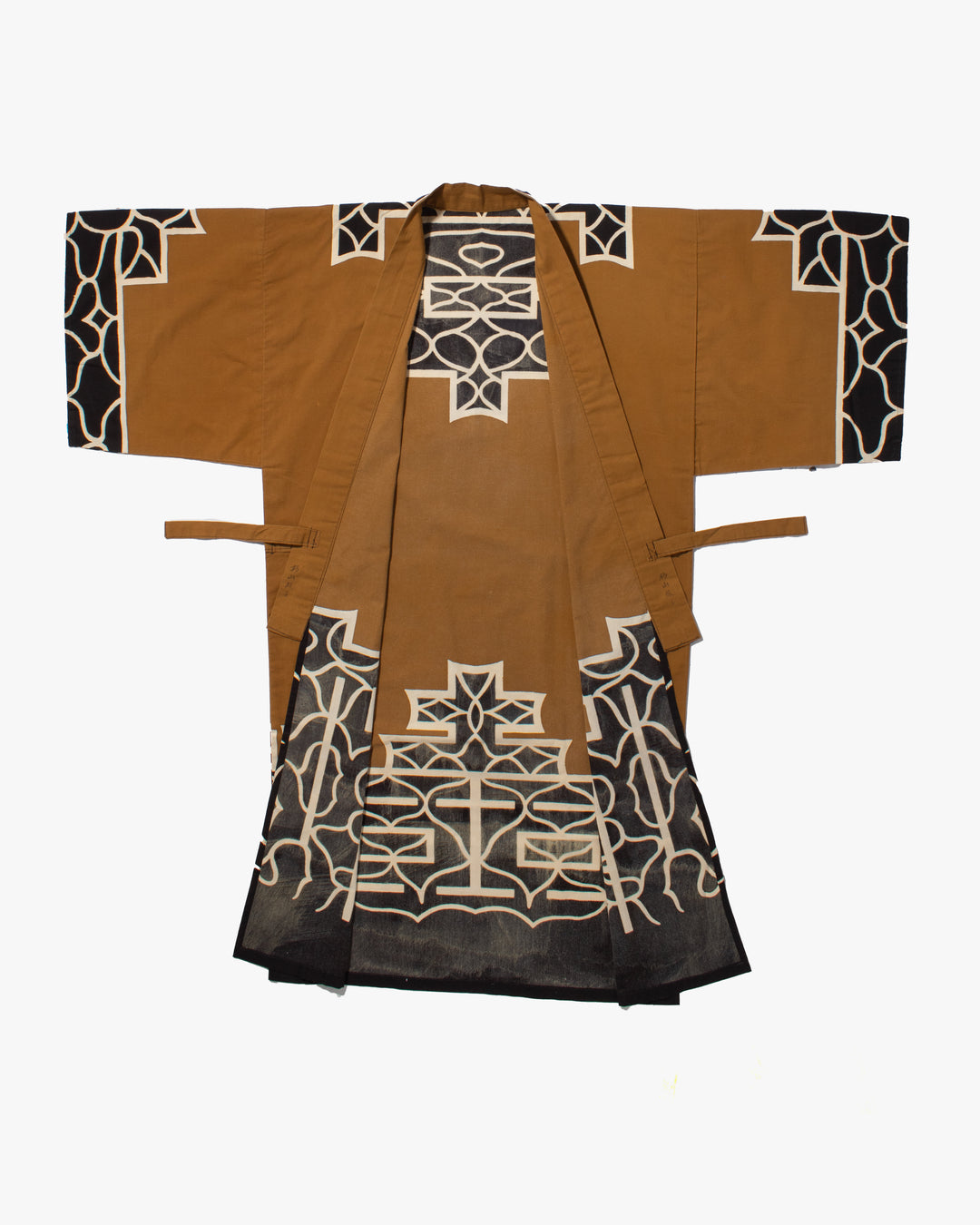 Vintage Ainu Robe, Long, Brown with Black and White Patterns