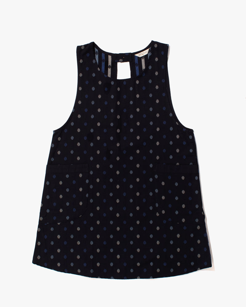 ToK Japanese Apron, Pocket, Indigo with Multi-Blue Polka Dots