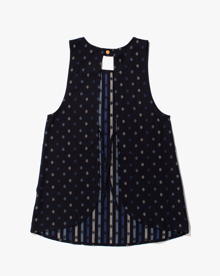 ToK Japanese Apron, Pocket, Indigo with Multi-Blue Polka Dots