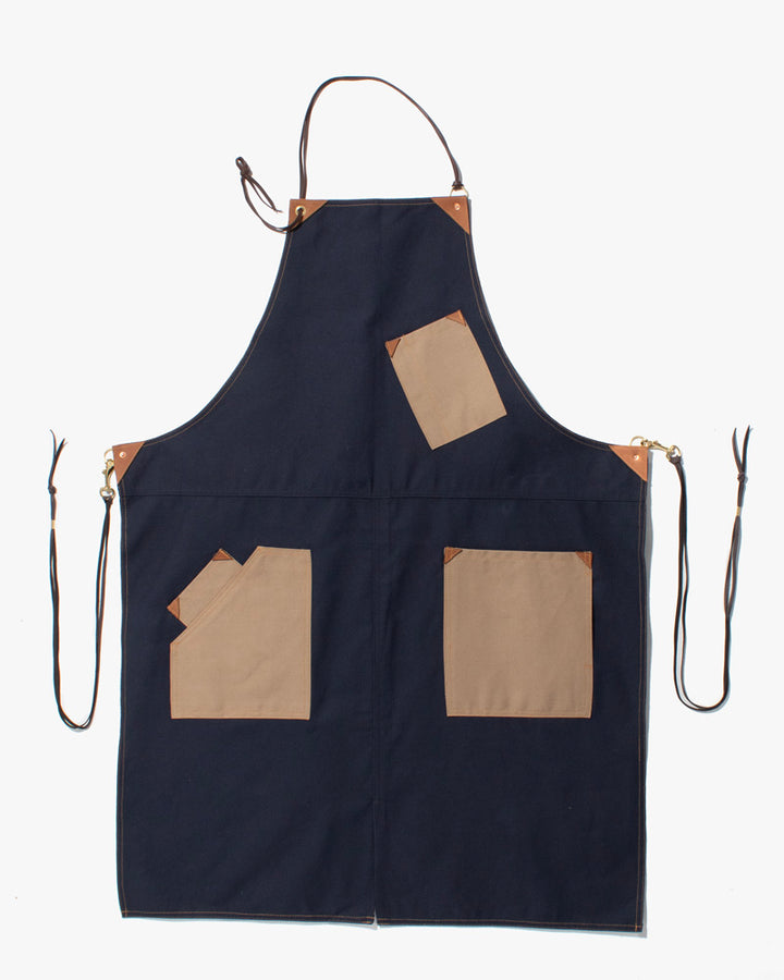 Kokoro Original Work Apron, Full, Canvas Two-Tone, Navy with Beige Pockets